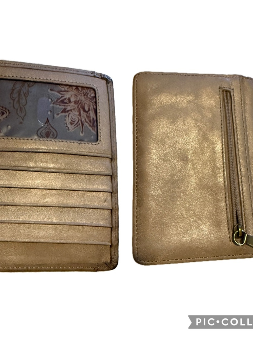 HOBO Metallic Gold Bifold Wallet with Card Slots and Zip Pocket